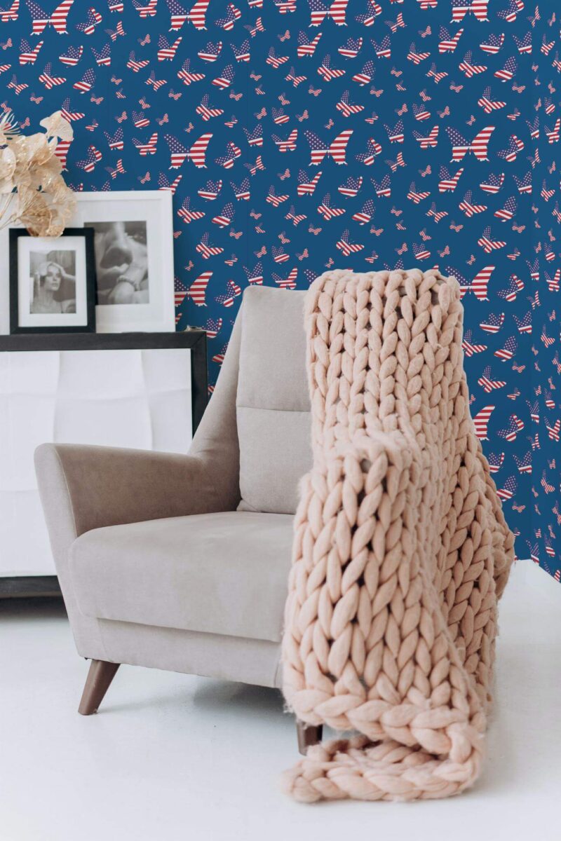 Boho style living room decorated with Independence butterflies peel and stick wallpaper