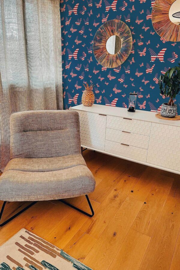 Modern style living room decorated with Independence butterflies peel and stick wallpaper