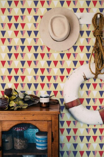 Coastal nautical style living room decorated with Independence day flags peel and stick wallpaper