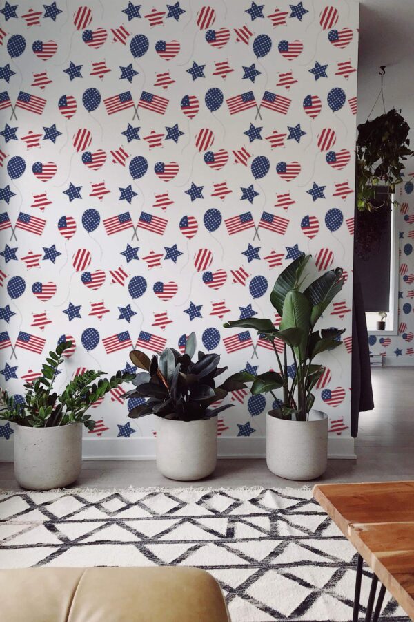 Scandinavian style living room decorated with Independence day symbols peel and stick wallpaper