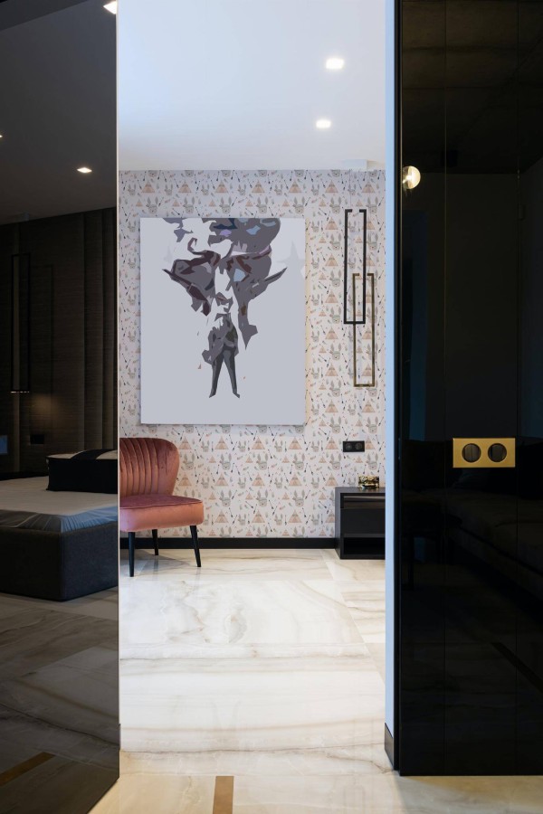 Art deco style bedroom decorated with Indian rabbit peel and stick wallpaper