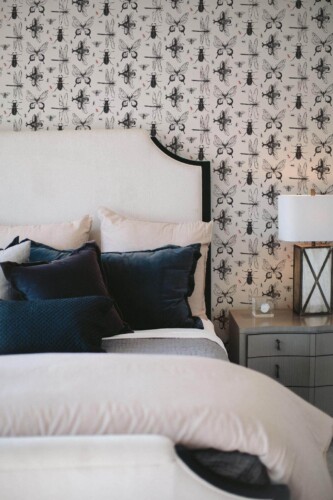 Shabby chic style bedroom decorated with Insects peel and stick wallpaper