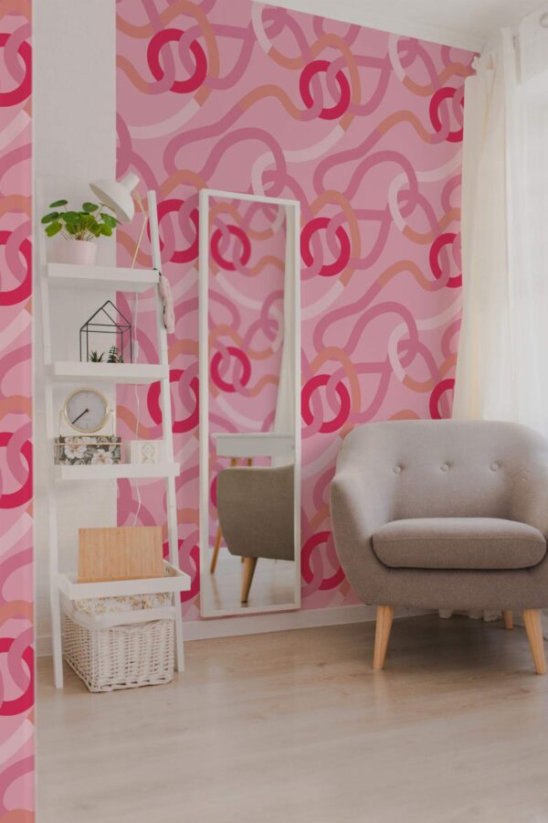 Light boho style living room decorated with Intertwined knots peel and stick wallpaper