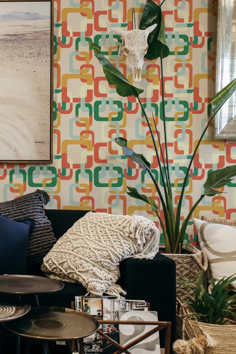 Scandinavian style living room decorated with Interwined retro peel and stick wallpaper