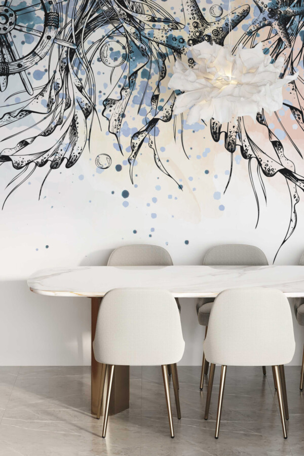 Fancy Walls nautical jellyfish art with ship wheel peel and stick wall murals