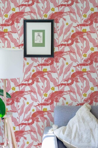 Eastern European style living room decorated with Jungle crocodile peel and stick wallpaper