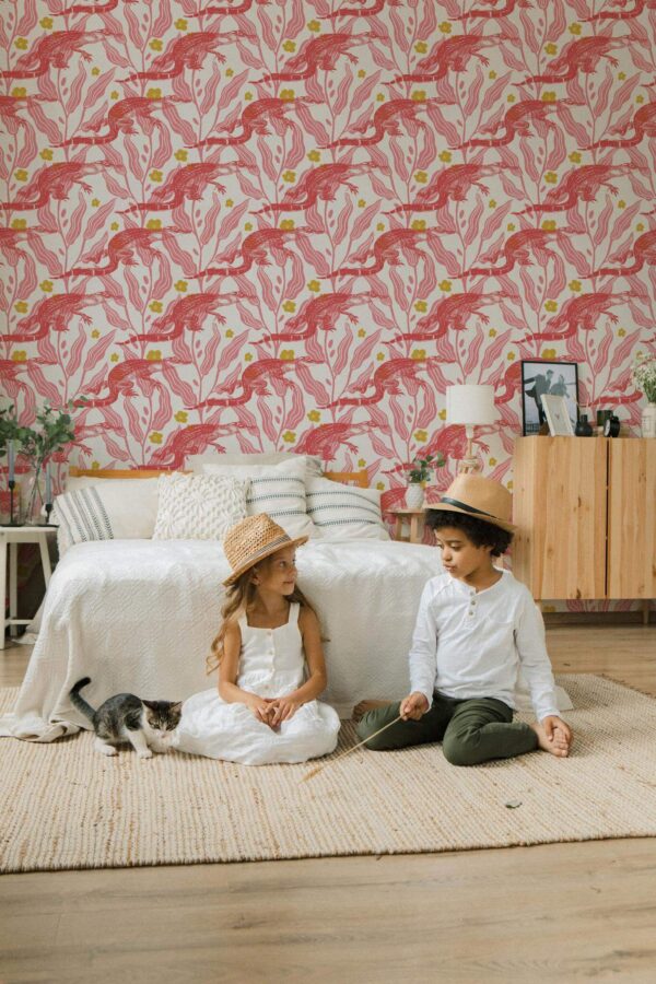 Scandinavian style bedroom decorated with Jungle crocodile peel and stick wallpaper