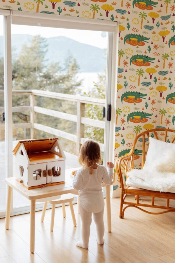 Boho gender neutral style kids room decorated with Jungle nursery peel and stick wallpaper