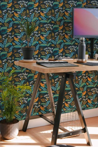 Scandinavian style home office decorated with Jungle peel and stick wallpaper