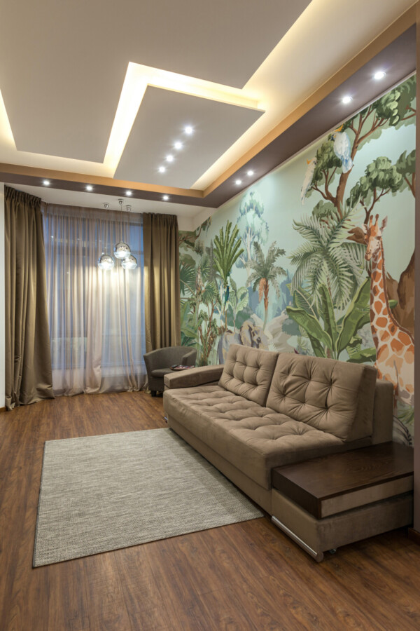 Safari wall mural peel and stick design by Fancy Walls showing elephants giraffes and lush jungle foliage