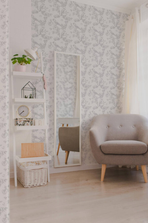 Light boho style living room decorated with Kelly Clarkson peel and stick wallpaper