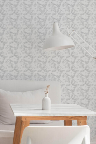 Minimal style dining room decorated with Kelly Clarkson peel and stick wallpaper