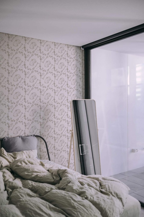 Minimal style bedroom decorated with Khaki sleeping rabbit peel and stick wallpaper