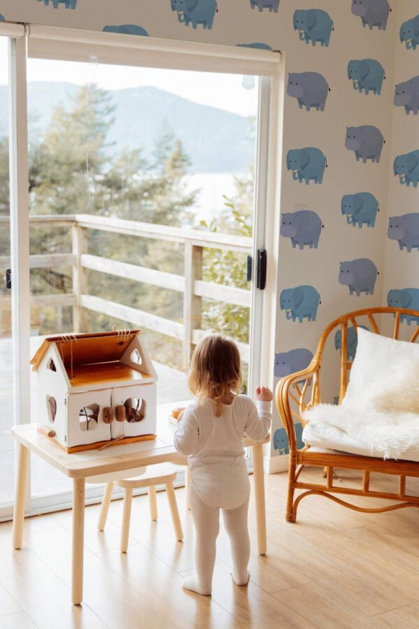 Boho gender neutral style kids room decorated with Kids bathroom peel and stick wallpaper