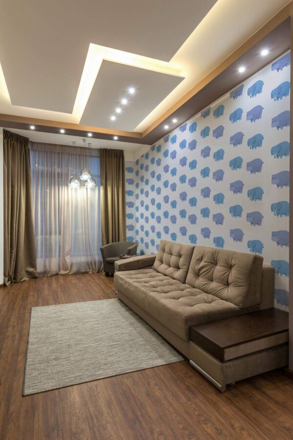Modern Eastern European style living room decorated with Kids bathroom peel and stick wallpaper