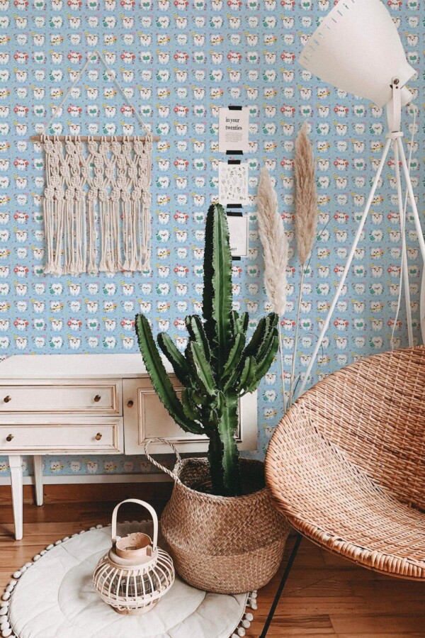 Bohemian style living room decorated with Kids dentist salon peel and stick wallpaper