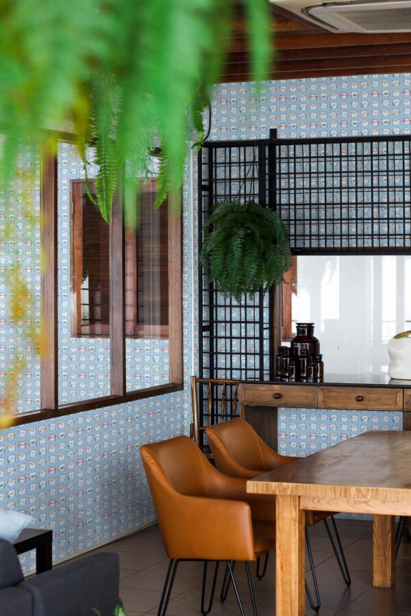 Mid-century modern style dining room decorated with Kids dentist salon peel and stick wallpaper and black industrial accents