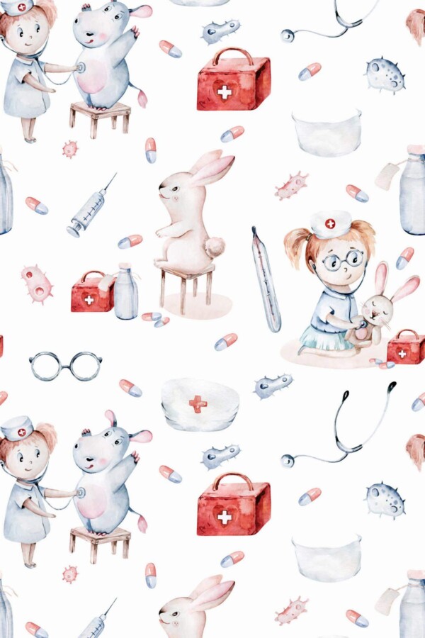 Pattern repeat of Kids doctor removable wallpaper design