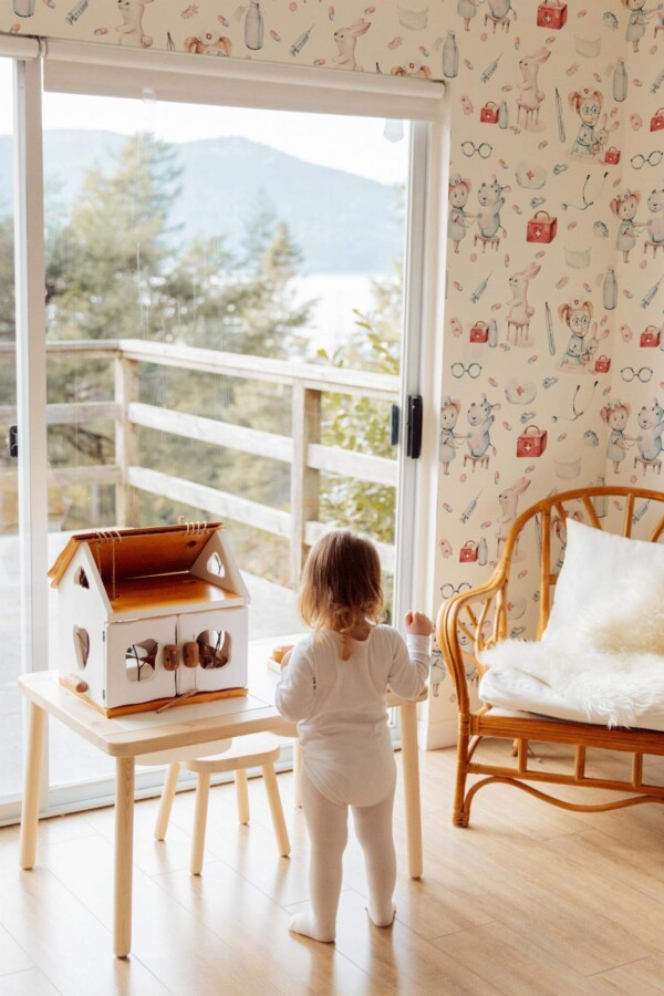 Boho gender neutral style kids room decorated with Kids doctor peel and stick wallpaper