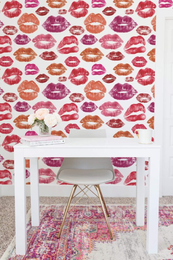 Shabby chic style home office decorated with Kiss peel and stick wallpaper