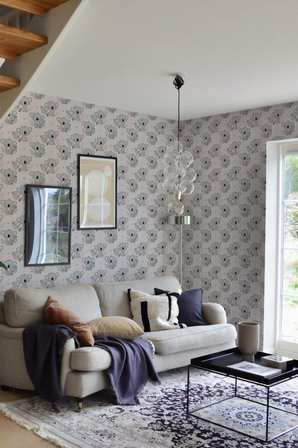 Contemporary style living room and kitchendecorated with Koala peel and stick wallpaper