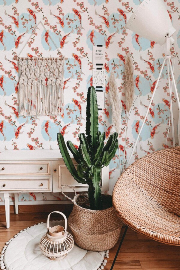 Bohemian style living room decorated with Koi fish chinoiserie peel and stick wallpaper