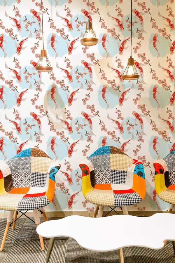 Mid-century modern style living room decorated with Koi fish chinoiserie peel and stick wallpaper