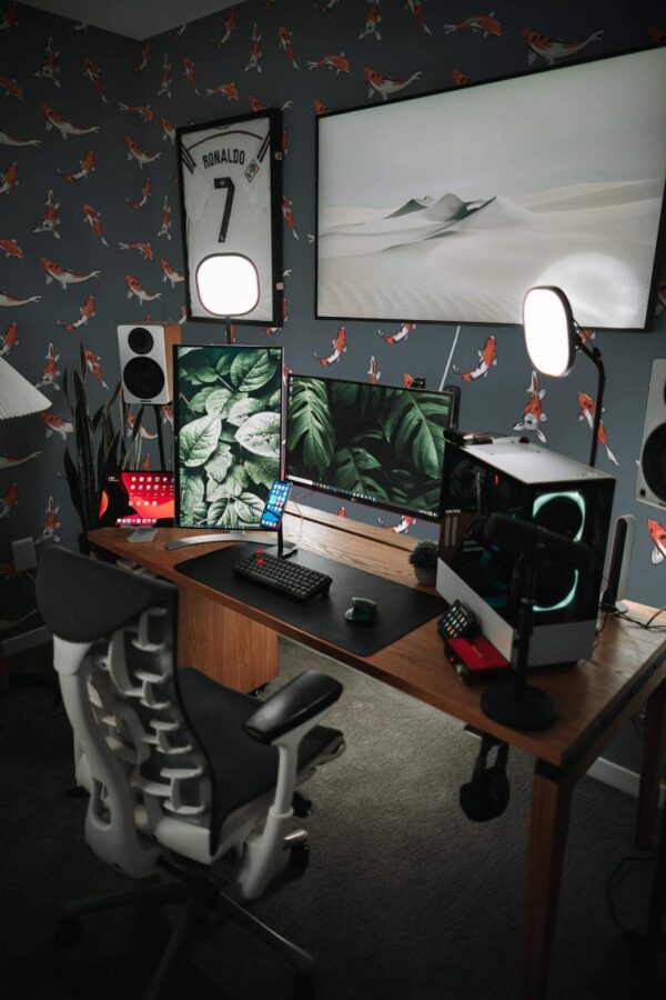 Modern eclectic style gaming room decorated with Koi fish peel and stick wallpaper