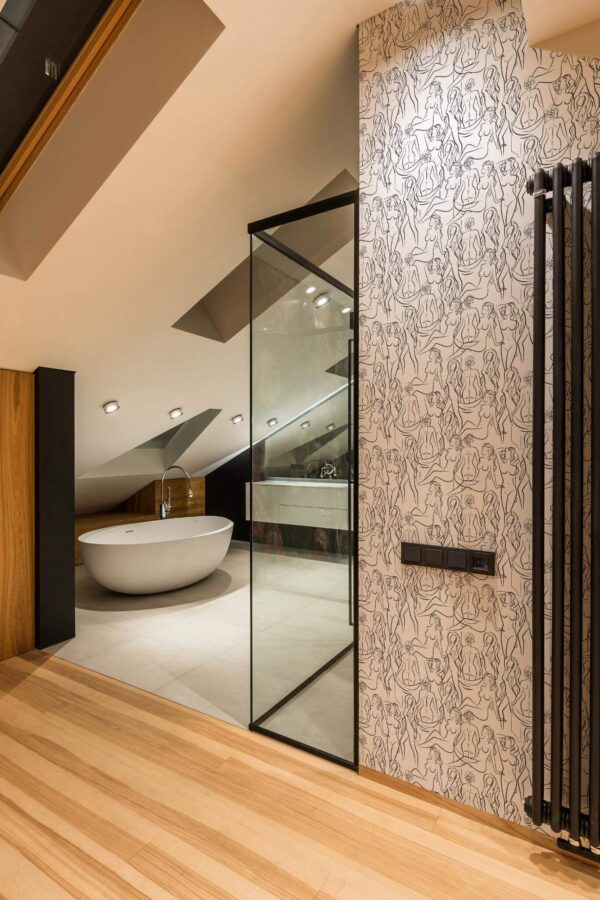 Industrial style bathroom decorated with Lady body peel and stick wallpaper