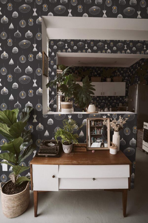 Boho style living room and kitchen decorated with Lamps peel and stick wallpaper and green plants
