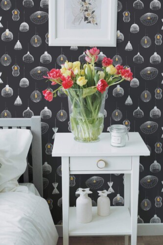 Farmhouse style bedroom decorated with Lamps peel and stick wallpaper