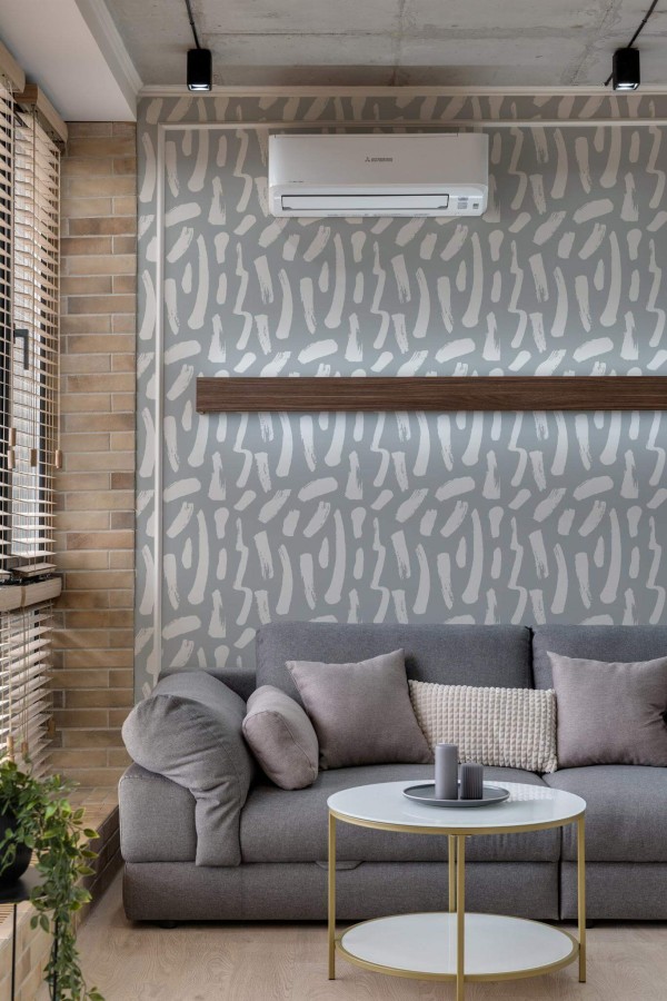 Scandinavian style living room decorated with Large Brush stroke peel and stick wallpaper