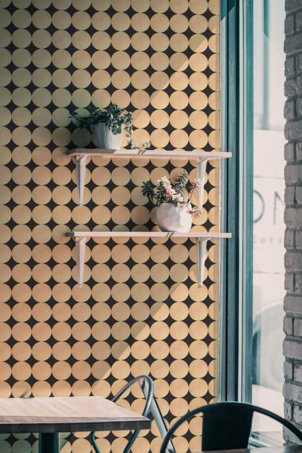 Industrial style cafe decorated with Large glitter circles peel and stick wallpaper