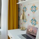 Scandinavian style home office decorated with Large ornamental tile peel and stick wallpaper