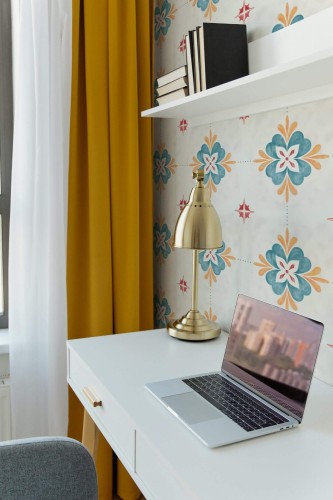 Scandinavian style home office decorated with Large ornamental tile peel and stick wallpaper