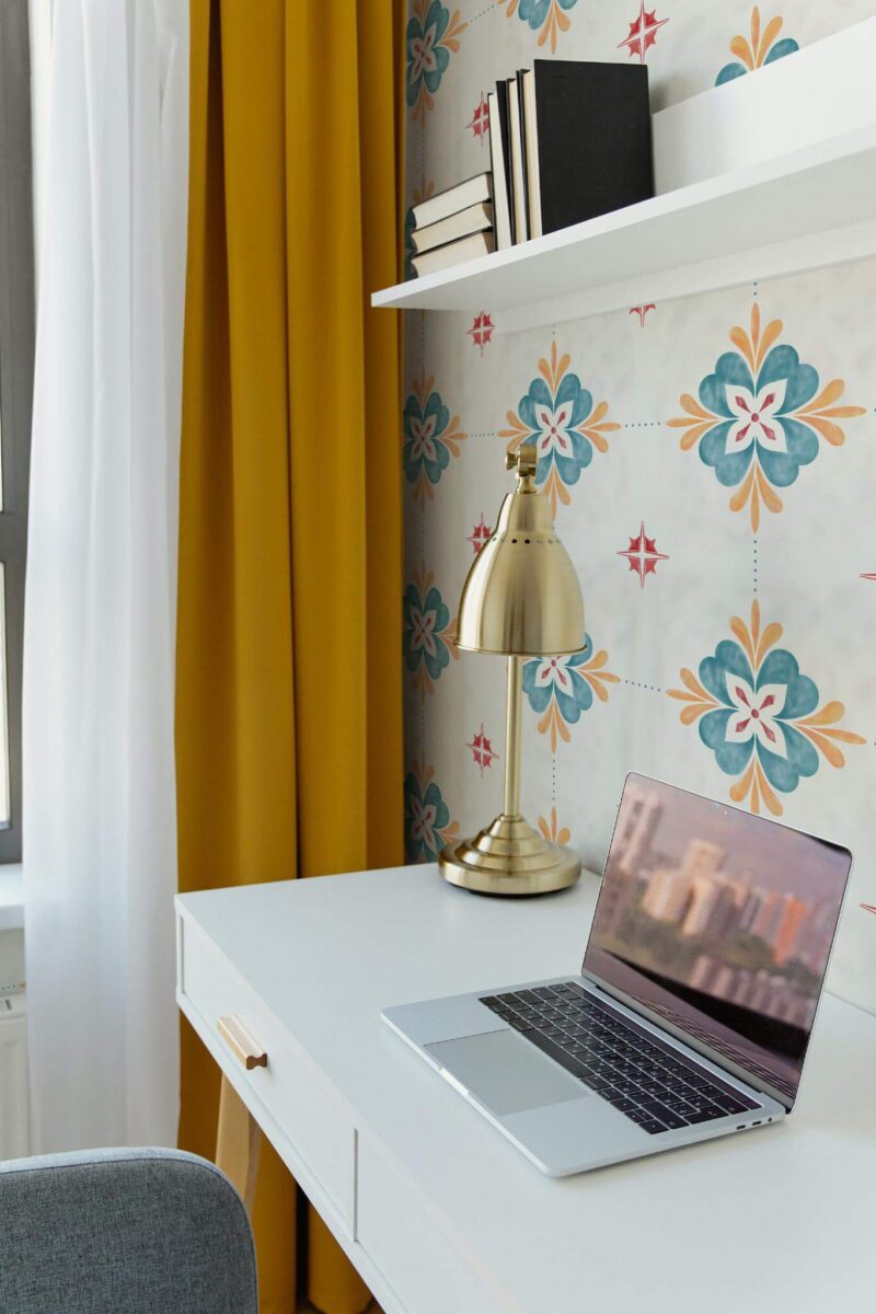 Scandinavian style home office decorated with Large ornamental tile peel and stick wallpaper