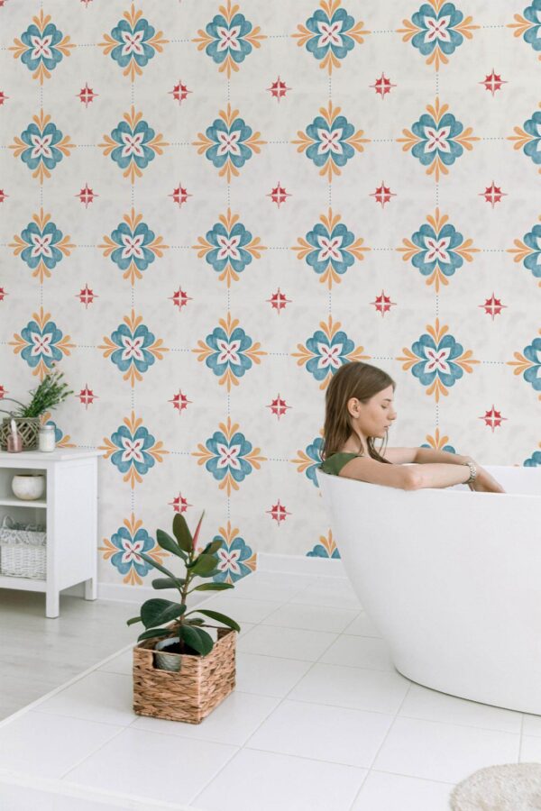 Minimal style bathroom decorated with Large ornamental tile peel and stick wallpaper