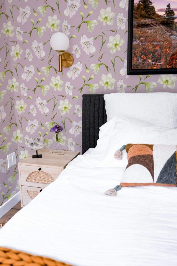 Modern style bedroom decorated with Lavender and white floral peel and stick wallpaper