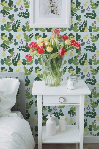 Farmhouse style bedroom decorated with Leaf accent bathroom peel and stick wallpaper