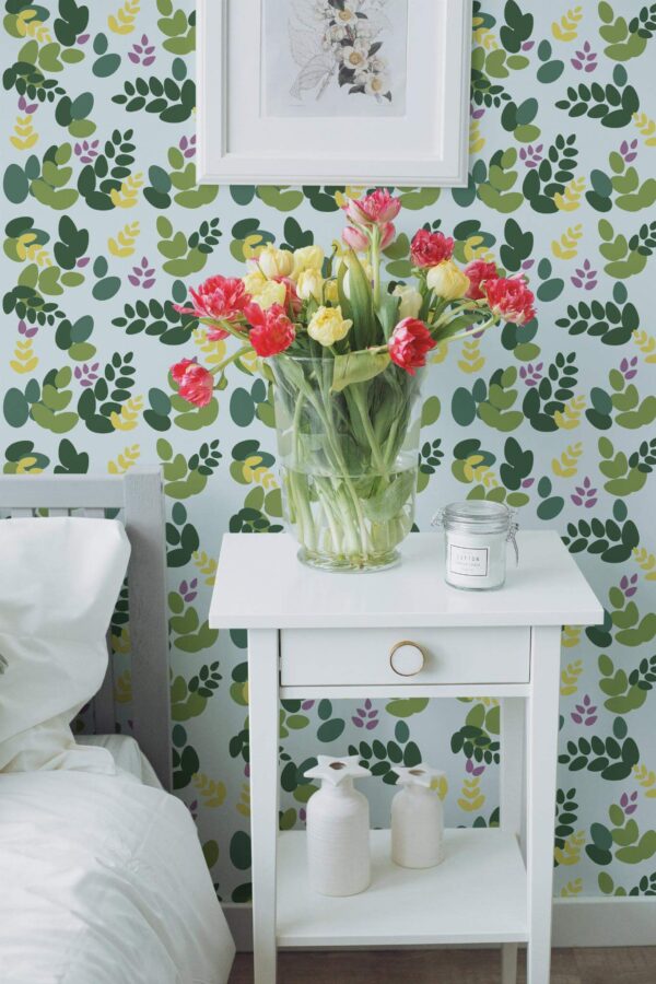 Farmhouse style bedroom decorated with Leaf accent bathroom peel and stick wallpaper