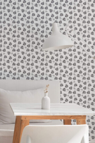 Minimal style dining room decorated with Leaf stencil peel and stick wallpaper