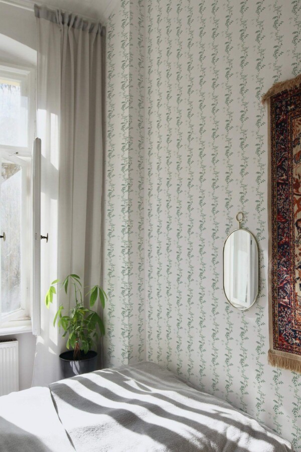 Bohemian style bedroom decorated with Leaf vine peel and stick wallpaper