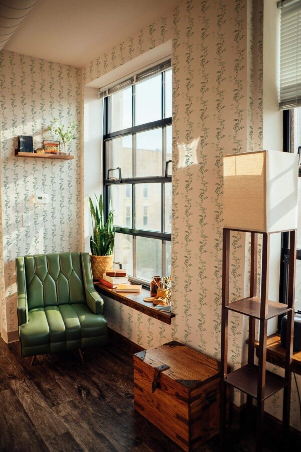 Mid-century style living room decorated with Leaf vine peel and stick wallpaper