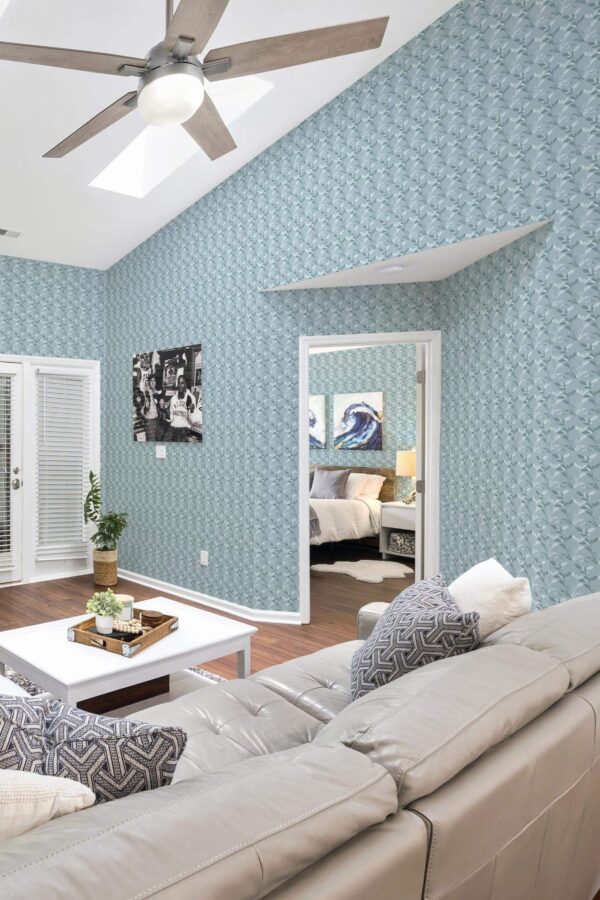 Coastal scandinavian style living room and bedroom decorated with Leaf vintage peel and stick wallpaper