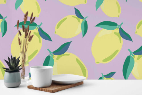 lemons on lavender wallpaper for dining room area