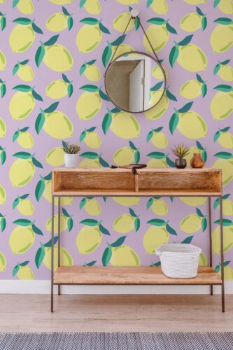 Contemporary style entryway decorated with Lemons on lavender peel and stick wallpaper