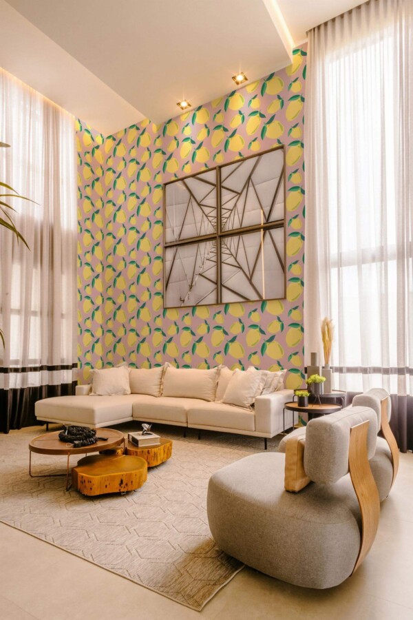 Contemporary style living room decorated with Lemons on lavender peel and stick wallpaper