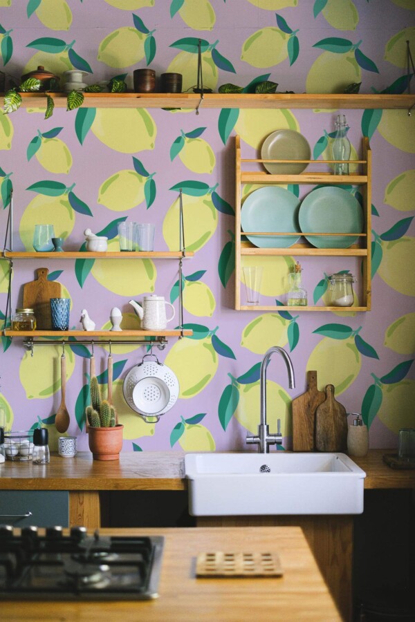 Rustic farmhouse style kitchen decorated with Lemons on lavender peel and stick wallpaper