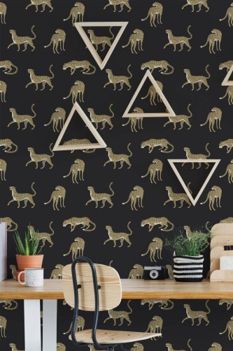 Scandinavian style home office decorated with Leopard peel and stick wallpaper