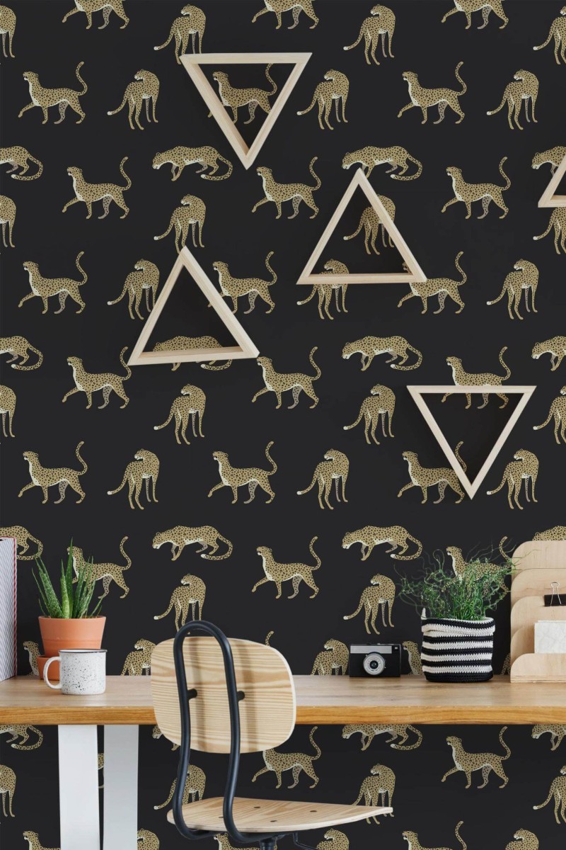 Scandinavian style home office decorated with Leopard peel and stick wallpaper